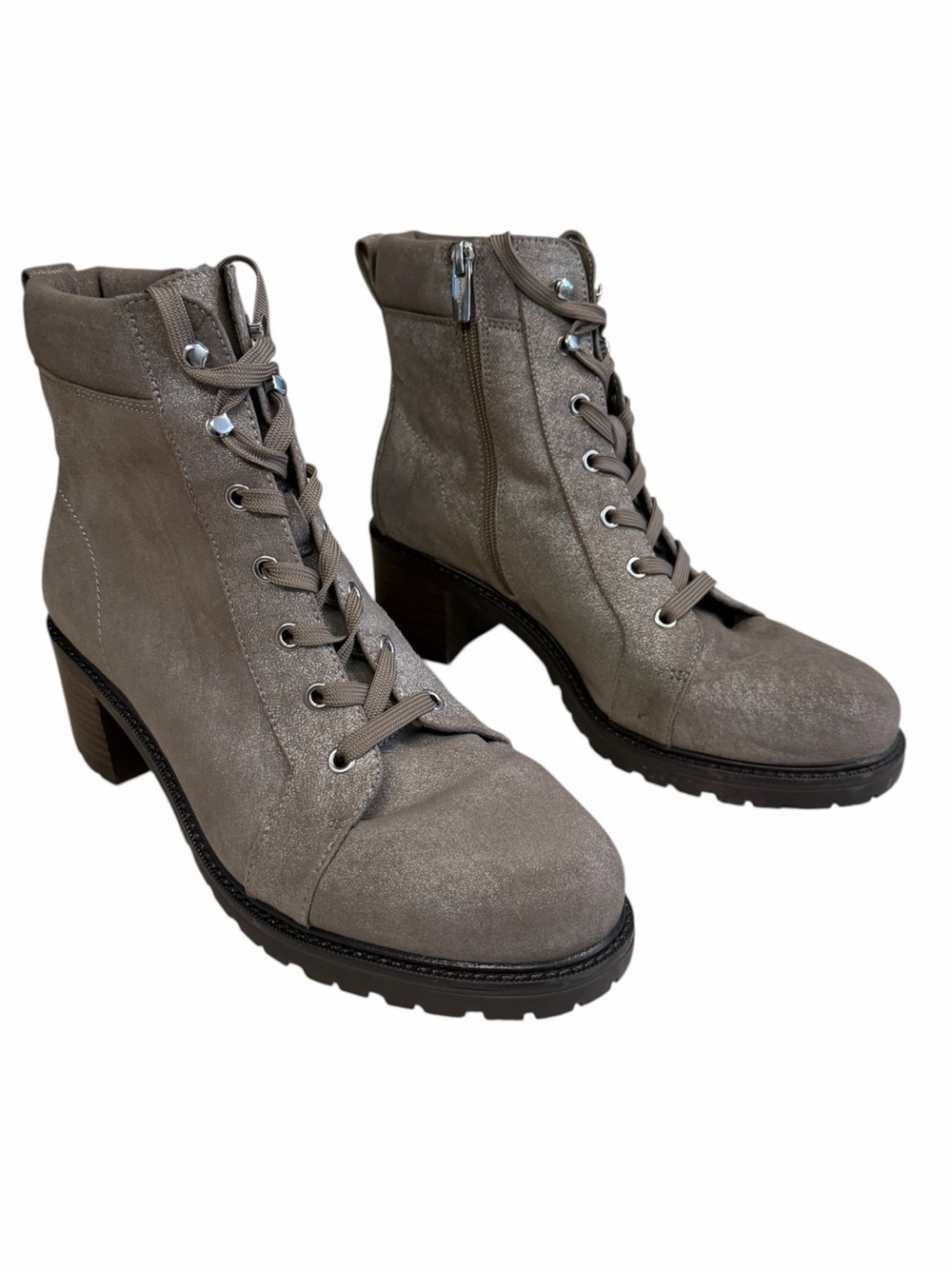 Vince Camuto Gaviana Suede Taupe Silver Lace Up Zip Ankle Boot Womens Size 11